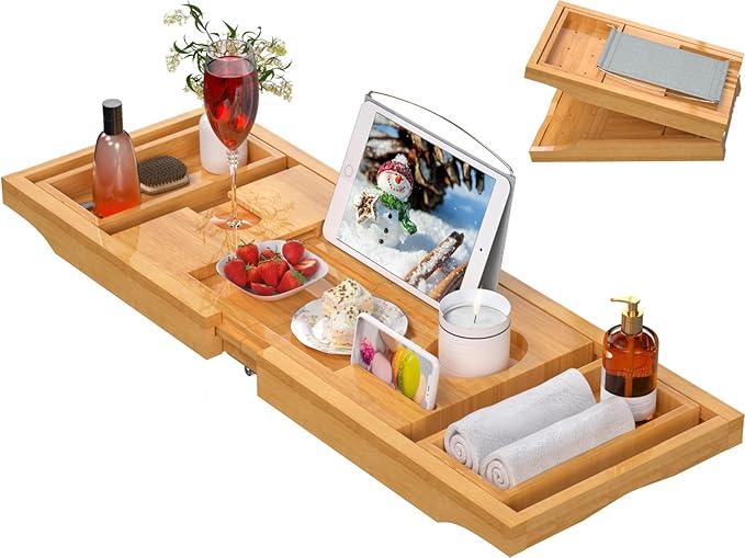 Artmalle Bathtub Caddy Tray for Tub,Foldable Bamboo Bath Table Tray with Book and Wine Glass Holder, Free Soap Dish Suitable for Luxury Spa or Reading,Natural - ModernBath