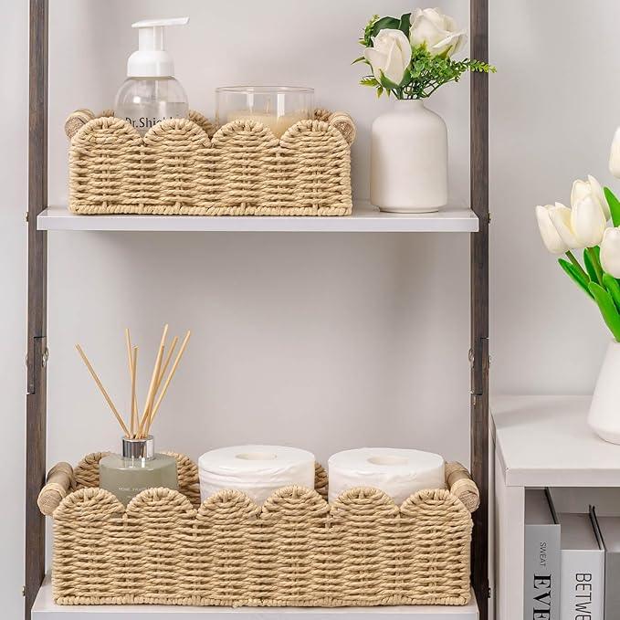 CubesLand Scalloped Edge Toilet Paper Storage Basket, Living Room Home Cozy Decor Basket, Paper Rope Small Baskets for Over Toilet Storage Shelf, End Table, Shelves, with 2 Wooden Handles, Beige - ModernBath