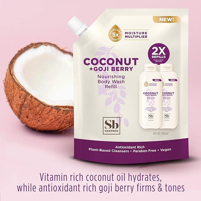 Soapbox Body Wash Refill, Coconut + Goji Berry Body Wash Refill Pack, Bulk Soap Pouch, Vegan + Antioxidant Rich Moisturizing with Shea Butter, Peptides & Keratin Promoting B3, 40oz - ModernBath