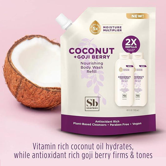 Soapbox Body Wash Refill, Coconut + Goji Berry Body Wash Refill Pack, Bulk Soap Pouch, Vegan + Antioxidant Rich Moisturizing with Shea Butter, Peptides & Keratin Promoting B3, 40oz - ModernBath