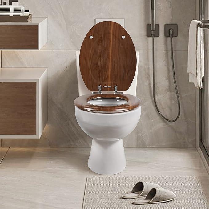 Elongated Toilet Seat Molded Wood Toilet Seat with Quietly Close and Quick Release Hinges, Easy to Install also Easy to Clean by Angol Shiold (Elongated, Walnut) - ModernBath