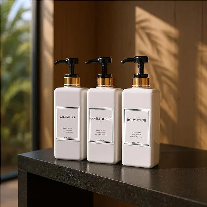 Shampoo and Conditioner Dispenser - Modern Gold Design Large 27oz Shower Soap Dispenser Set of 3, Refillable Empty Plastic Pump Bottles for Bathroom, 6 Waterproof Labels Included, Black - ModernBath