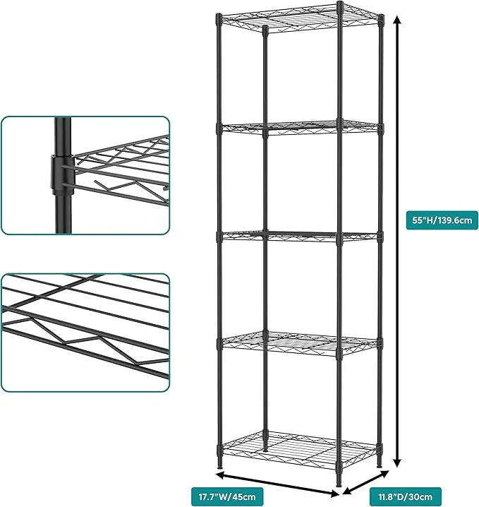 IZEUK 5 Tier Metal Wire Shelf Unit, Black Storage Rack Organizer for Kitchen, Bedroom, Living Room or Laundry Room, 17.7" W x 11.8" D x 55.0" H - ModernBath