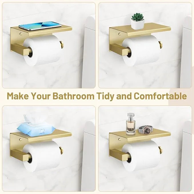 TURS 5-Pieces Brushed Gold Bathroom Hardware Set 23.6 Inch SUS304 Stainless Steel Towel Bar Set Wall Mounted Square Toilet Paper Holder with Shelf - ModernBath