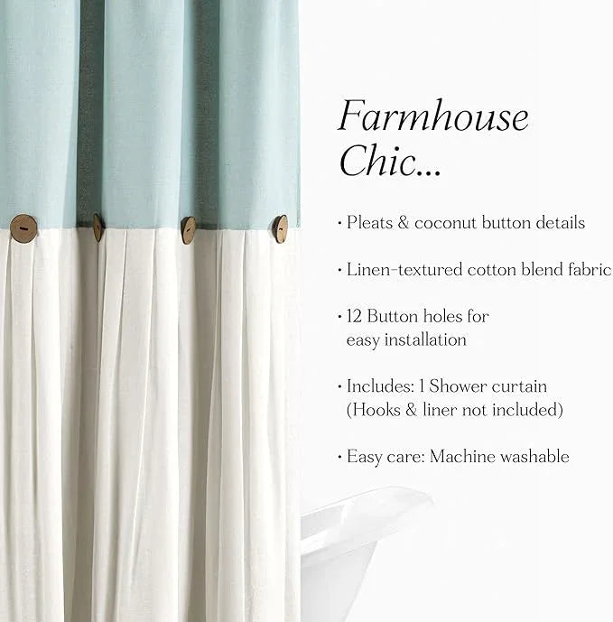 Lush Decor Linen Button Shower Curtain Single 72" W x 78" L Blue & White - Extra Long Shower Curtains - Blue Shower Curtain Fabric - Farmhouse Bathroom Decor - ModernBath