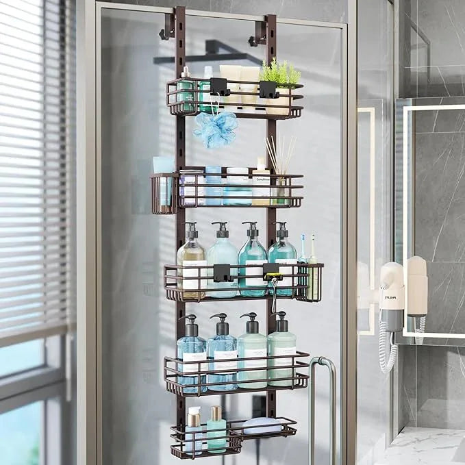 Consumest Over The Door Shower Caddy - 5 Tier Adjustable Shower Organizer Hanging with 2 Toothbrush Holders & 4 Hooks, Rustproof Organizer Shelf, Storage Rack for Bathroom, Bronze - ModernBath
