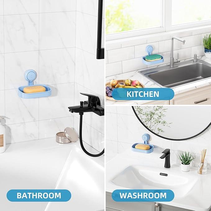 LEVERLOC Soap Dish Holder for Shower Suction Cup Wall Mounted Self Draining NO-Drilling Removable Bar Soap Sponge Holder for Bathroom Bathtub Kitchen Sink Waterproof Strong Vacuum Suction, Blue - ModernBath