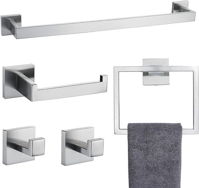 TNOMS Bathroom Towel Bar Set 5 Pieces Brushed Nickel Square Modern Bathroom Hardware Set,Stainless Steel Wall Mounted 23.6-Inch - ModernBath