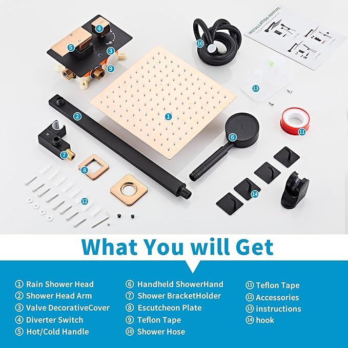 RTTWYYUU Black Gold Rainfall Shower Head, Wall Mounted 8 Inch Shower Heads with Handheld Spray Combo, Luxury Bathroom Square Rain Shower System, Solid Brass Pressure Balancd Shower Faucet Valve - ModernBath