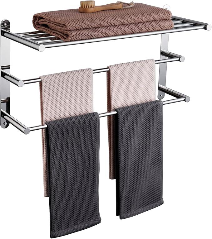 KOKOSIRI Storage Organizer Shelf Wall Mounted Double Towel bar with Shelf Bathroom Towel Rack Double Towel Rack, Polished Chrome, B5003CH - ModernBath