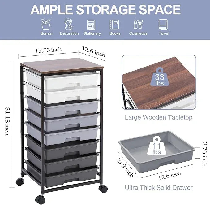 Rolling Cart with Drawers,Utility Cart With 8 Drawers and Wooden Tabletop for Living Room,Classroom,Bedroom,Bathroom,Dorm,Office,Dark Grey - ModernBath