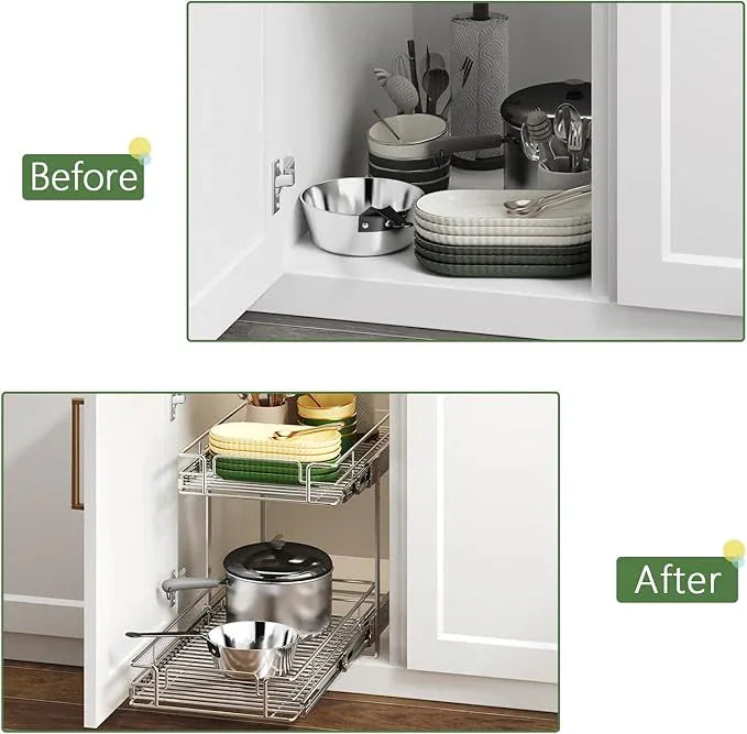 2 Tier Individual Pull Out Cabinet Organizer 15½" W x 21½" D, Heavy Duty Cabinet Pull Out Shelves, Slide Out Drawers Organization for Kitchen Cabinets Bathroom - ModernBath
