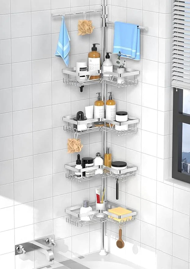 KEGII Bronze Shower Caddy Tension Pole with 2 Towel Bars, Adjustable Corner Bathroom Organizer, Rustproof Bathtub Storage Shelves for Shampoo, 25–114.2 Inch Shower Corner Rack for Renters & Family - ModernBath