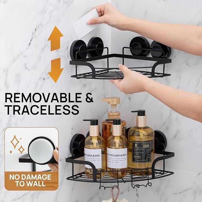 LEVERLOC 2 Pack Strong Suction Cup Corner Shower Caddy, Large Capacity Removable Bathroom Organizer, Stainless Steel Rustproof Shower Shelves with Hook, Drill-Free Wall Mounted Suction Basket, Black - ModernBath