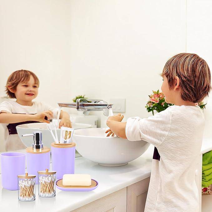 SLDIYWOW Purple Bathroom Accessories Set with Ombre Shower Curtain and No-Slip Bath Rugs,24PC Bath Sets with Trash Can, Toothbrush Holder, Cup, Soap Dispenser, Tray, Soap Dish,Toilet Brush,Qtip Holder - ModernBath