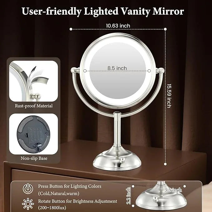 Professional 8.5" Large Lighted Makeup Mirror with Brighter Lights, 1X/10X True HD Magnifying Mirror with 3 Color Dimmable Lights, 90 Shadowless LEDs, 360°Swivel Seamless Vanity Mirror, Pearl Nickel - ModernBath