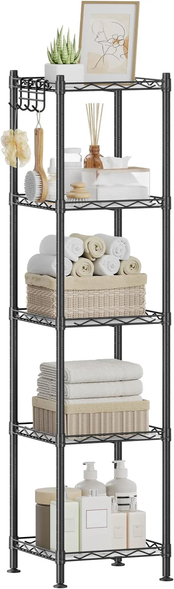 SONGMICS 5-Tier Bathroom Shelf, Storage Rack for Small Space, with 5 PP Shelf Liners, Removable Hook, Extendable Design, Ink Black and Translucent ULGR23BK - ModernBath