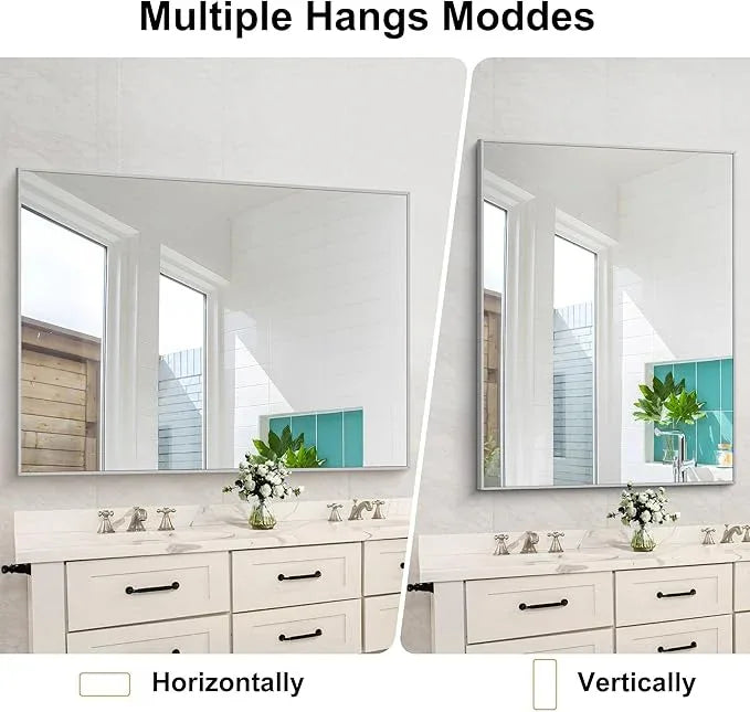 COFENY Silver Bathroom Mirror, 48"X36" Rectangle Mirrors for Wall Metal Frame, Bathroom Rectangular Mirror Modern Wall Mirror for Bedroom Living Room, Hangs Horizontal or Vertical - ModernBath