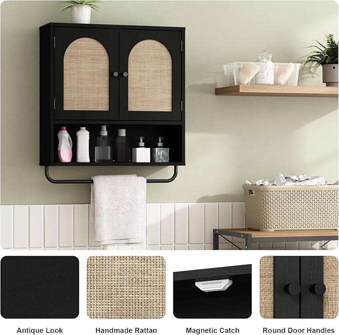 RUSTOWN Rattan Bathroom Wall Cabinet, Boho Medicine Cabinet with 2 Arched Doors, Farmhouse Over The Toilet Storage Cabinets with Adjustable Shelves & Towel Bar - ModernBath