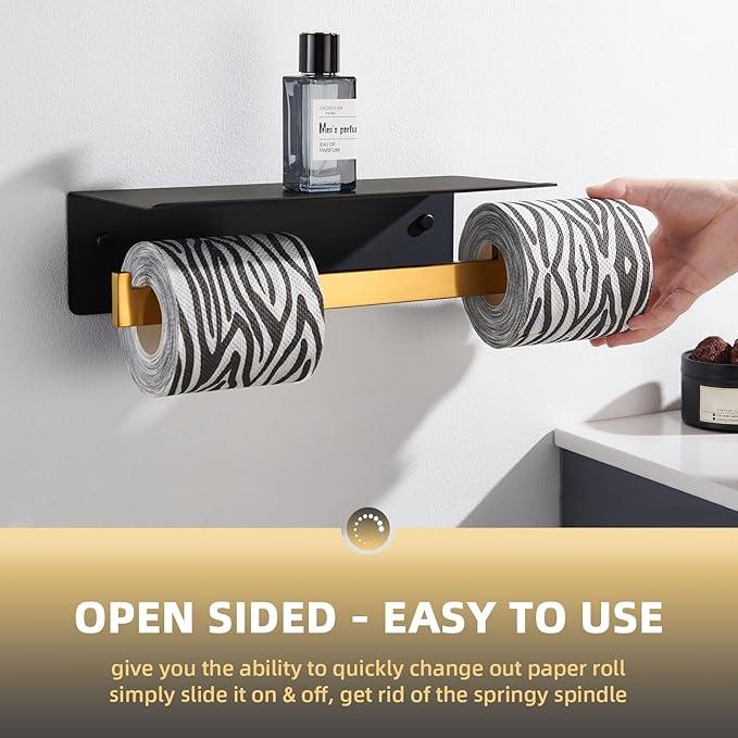 Angle Simple Double Toilet Paper Holder with Shelf, 304 Stainless Steel Bathroom Toilet Tissue Roll Holder for Wall Black and Gold - ModernBath