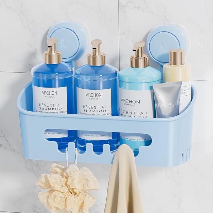 LEVERLOC Shower Caddy Suction Cup, Shower Organizer Removable Bathroom Shelf, Storage Suction Powerful Max Hold 22lbs Bathroom Caddy Waterproof Holder, Blue - ModernBath