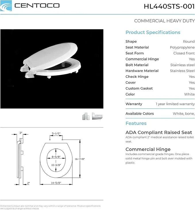 Centoco 4 Pack - 2 inch Raised Toilet Seat for Seniors, Round, Closed Front with Cover, Plastic, Made in the USA, HL440STS-001, White - ModernBath