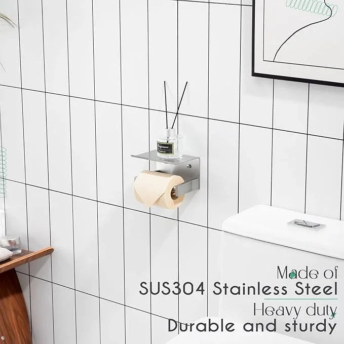 KOKOSIRI Roll Paper Holder Spring Loaded Bathroom Toilet Paper Holder Tissue Paper Holder with Shelf Wall Mounted Stainless Steel Brushed Nickel B2012BR - ModernBath