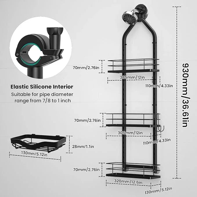 Shower Caddy Hanging (Black), Adjustable Anti-Swing-Over The Shower Head Caddy, 3 Tier Height Bathroom Storage Organizer, Bathroom Shelves Basket Rack, Shower Caddies Rack with Adjustable Soap Basket - ModernBath