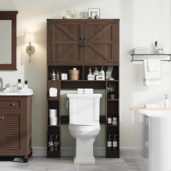 Vabches Over The Toilet Storage Cabinet, Farmhouse Storage Cabinet Over Toilet with 2 Barn Doors ，Toilet Paper Holder Stand，Home Space-Saving Toilet Rack, for Laundry, Restroom, Bathroom.Espresso. - ModernBath