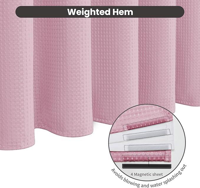Inhousolu No Hook Waffle Weave Shower Curtain with Removable Snap in Fabric Liner Set for Bathroom, 230 GSM Heavy Duty Weighted Hem, Water Repellent Washable Bath Curtains, 72 x 72 Inch, Pink - ModernBath