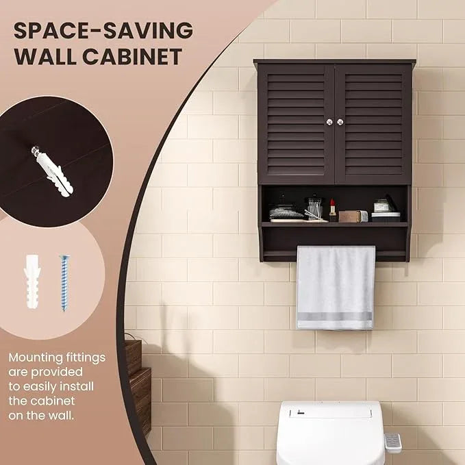 Tangkula Wall Mounted Bathroom Cabinet w/Open Shelf & Bar, Medicine Cabinet w/Double Louvered Doors, Adjustable Shelf, Wall Storage Cabinet for Bathroom Living Room Kitchen (Espresso) - ModernBath