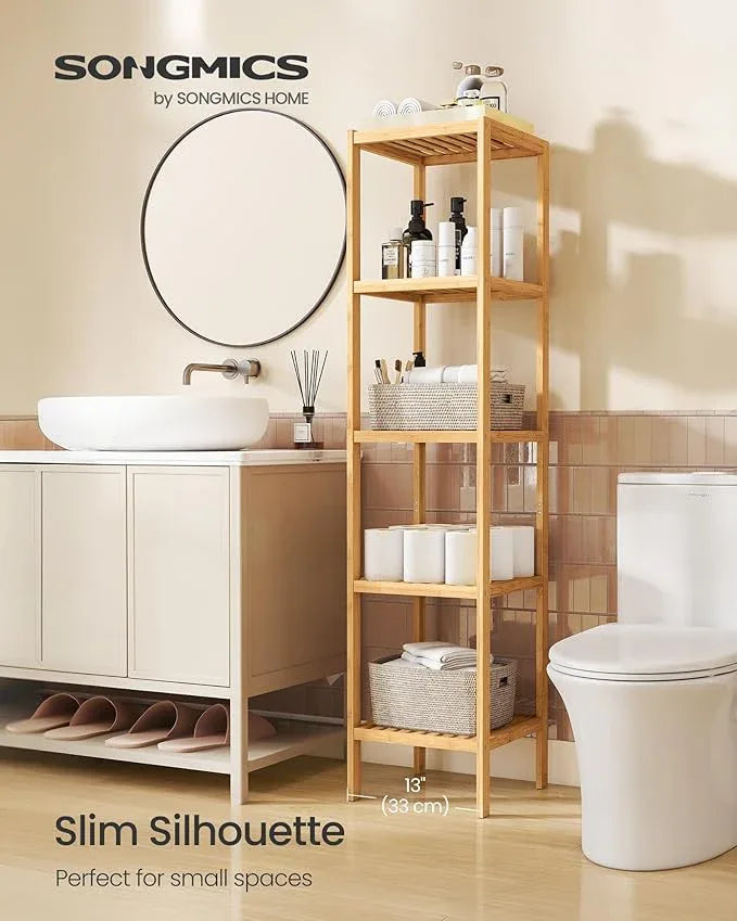 SONGMICS Bamboo Storage Shelf, 5-Tier Shelving Unit, Multifunctional, in the Entryway, Bathroom, Living Room, Balcony, Kitchen, 13 x 13 x 57.5 Inches, Light Bamboo UBCB55Y - ModernBath