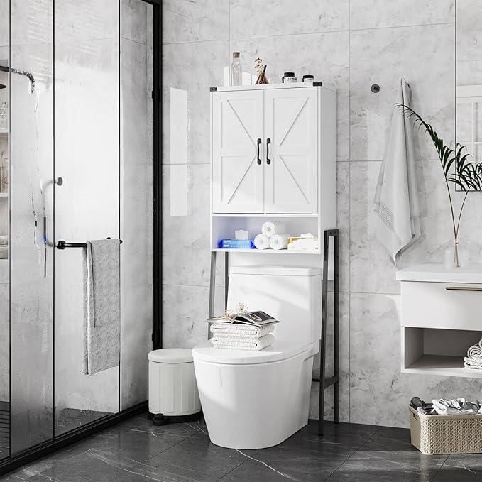 Over The Toilet Storage Cabinet with 2-Door Design Bathroom Organizers and Storage with Anti-Tip Device Over Toilet Organizer with Shelves for Bathroom,Restroom,Laundry White - ModernBath