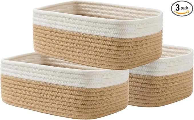 Small Woven Basket, 12 x 8 x 4.5 Inches, Storage Basket for Organizing, Cute Small Rope Shelf Closet Cube Storage Bins Baskets for Shelves, Dog Toy Gift Baskets Empty, 3 Pack White & Brown - ModernBath