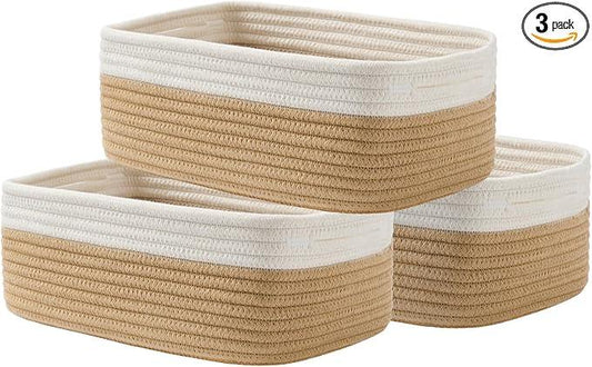 Small Woven Basket, 12 x 8 x 4.5 Inches, Storage Basket for Organizing, Cute Small Rope Shelf Closet Cube Storage Bins Baskets for Shelves, Dog Toy Gift Baskets Empty, 3 Pack White & Brown - ModernBath