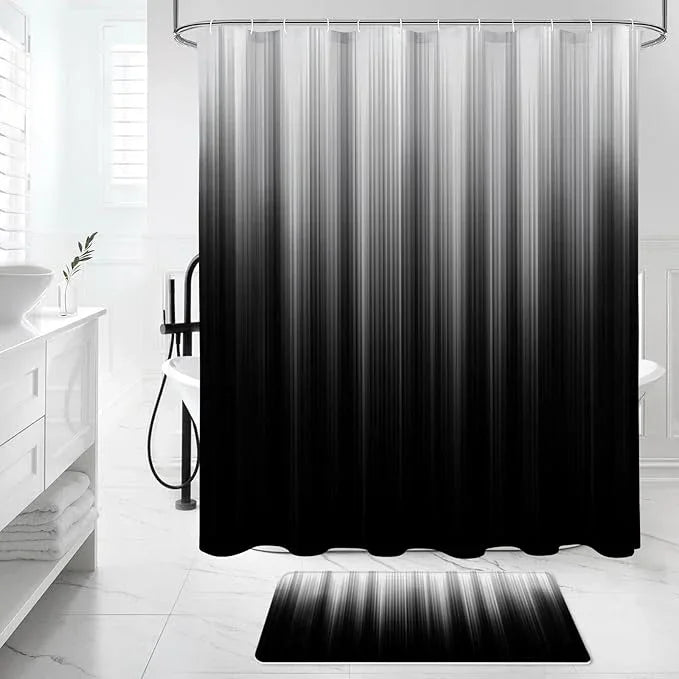 Litabel 4 Pcs Grey and Black Gradient Shower Curtain Set with Rugs and Toilet Lid Cover, Modern Simple Waterproof Fabric Bathroom Set, Ombre Stripe Gothic Abstract Bathroom Decor Set Accessories - ModernBath