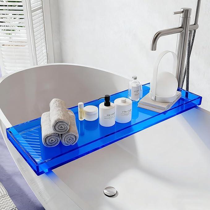 CXNGD Bathtub Tray Table, Clear Acrylic, Anti-Slip Bath Caddy, L32.3″ * W7.87″ * H1.18″ (Blue, L29.9 x W7.87 x H1.18) - ModernBath