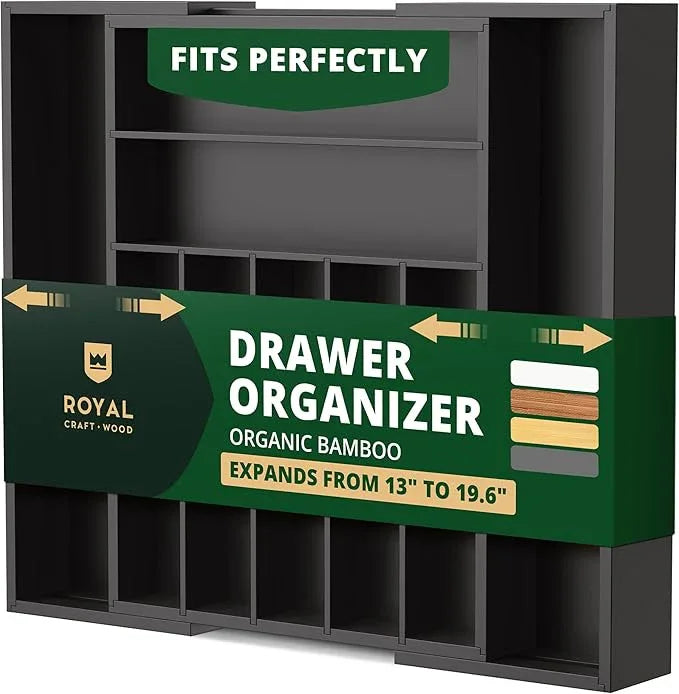 ROYAL CRAFT WOOD Luxury Bamboo Kitchen Drawer Organizer - Silverware Organizer - Utensil Holder and Cutlery Tray with Grooved Drawer Dividers for Flatware and Kitchen Utensils (9 Slot, Black) - ModernBath