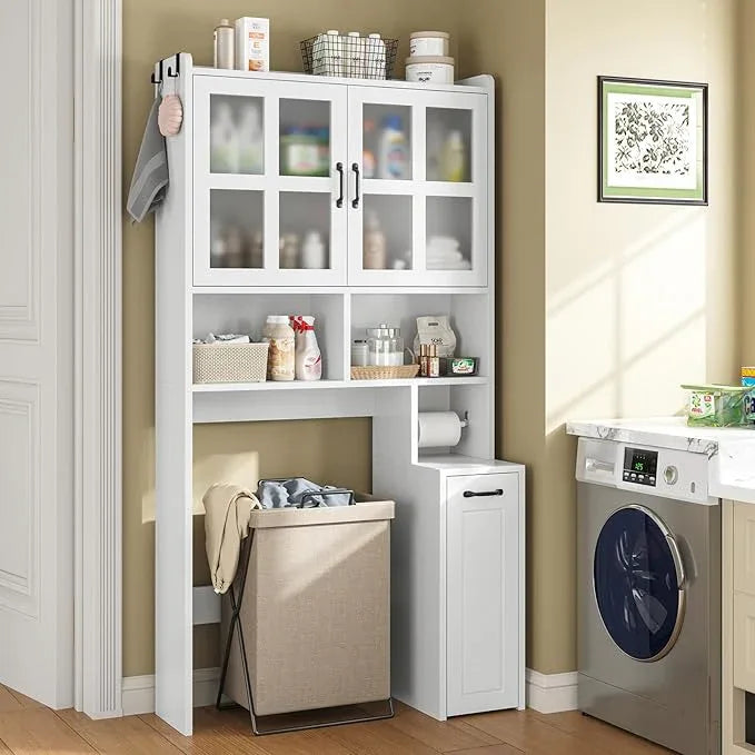 Over The Toilet Storage Cabinet with Pulley Small Bathroom Storage Cabinet, Space Saver W/Adjustable Shelf & Glass Doors for Bathroom, Restroom, Laundry (Frosted Mirror-Type B) - ModernBath