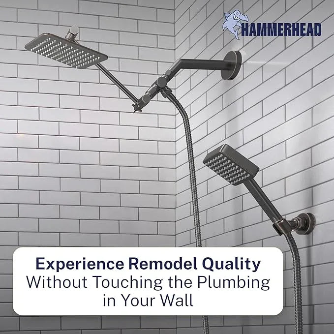 HammerHead® Solid Metal Dual Shower Head Combo — 8" Square Rain Shower Head with Handheld, 12" Adjustable Arm & Wall-Mount Holder for Flexible Installation — Oil Rubbed Bronze - ModernBath