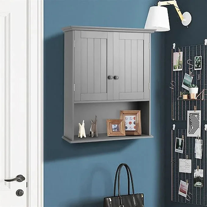 Tangkula Wall Mount Bathroom Cabinet Wooden Medicine Cabinet Storage Organizer with 2-Doors and 1-Shelf Cottage Collection Wall Cabinet (Grey) - ModernBath