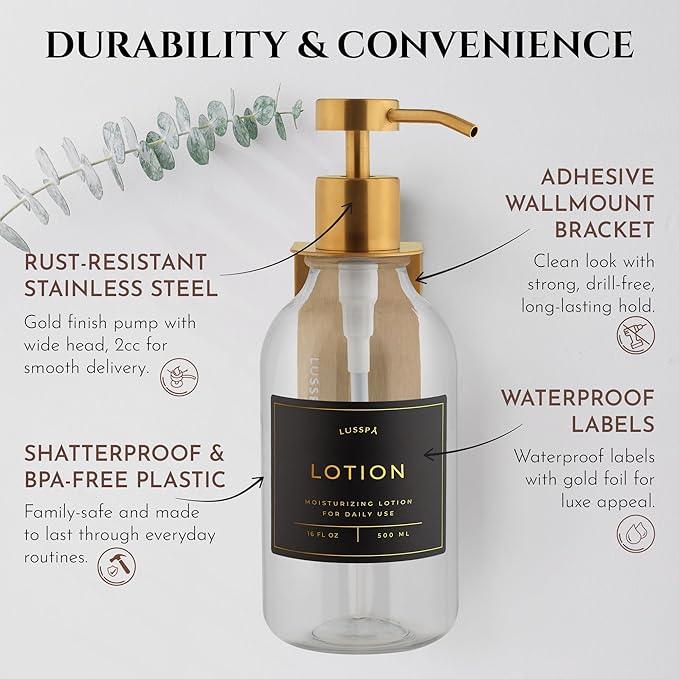 Shampoo & Conditioner Dispenser - Shower Soap Dispenser Wall Mounted - 16.9 Oz Plastic Bottle with Pump & Holder - Shampoo Dispenser - Shower Dispenser Chamber No Drill (1 X Clear/Gold) - ModernBath