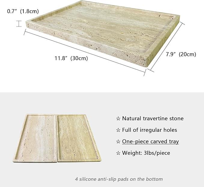 GHYFGD Real Natural Travertine Tray Genuine Marble Stone Tray for Coffee Table/Bathroom/Vanity (Beige Travertine, 12" x 8") - ModernBath