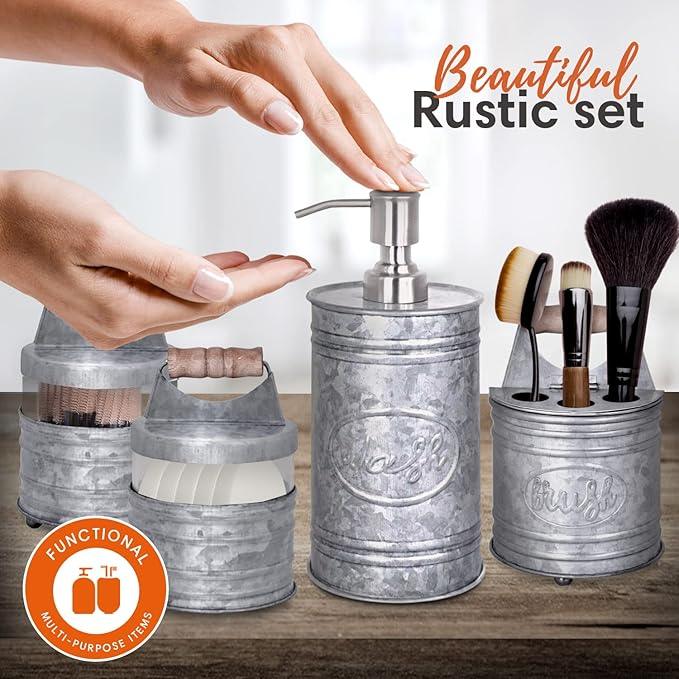 Autumn Alley Rustic Bathroom Accessories Set 4 - Galvanized Soap Dispenser, Rustic Toothbrush Holder, 2 Apothecary Jars Qtip Holder - Western Bathroom Decor – Farmhouse Bathroom Decor Accessories - ModernBath