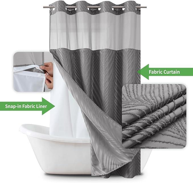 eachope stall no Hook Tufted Shower Curtain with snap in Liner Set, White Waterproof Fabric Inner Liner,Boho Style Shower Curtain with See Through top Window, WarmGrey, 54Wx80H - ModernBath