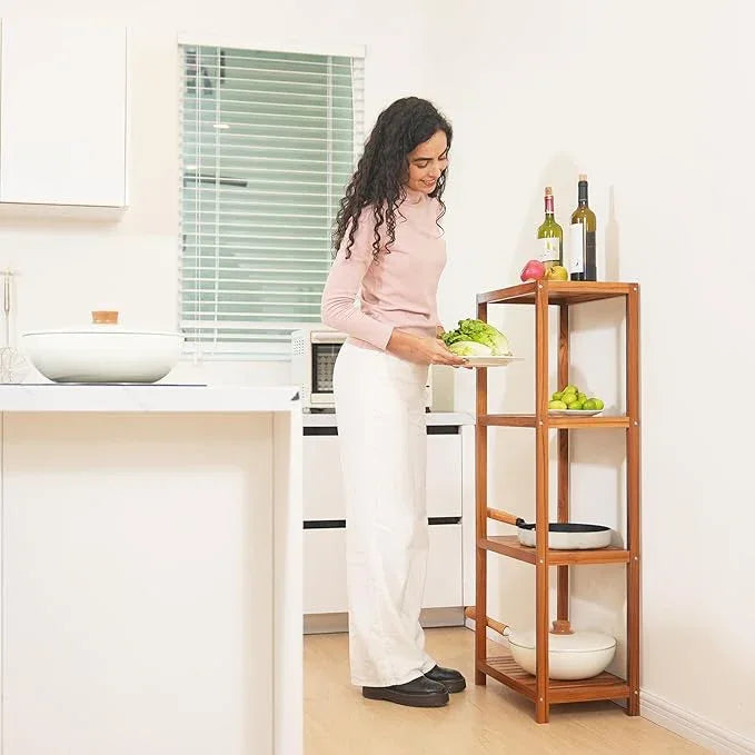 VaeFae Teak Bathroom Shelf, 4-Tier Storage Shelf, Wooden Stand Shelf Organizer for Bathroom, Kitchen, Living Room, Laundry, Garage - ModernBath
