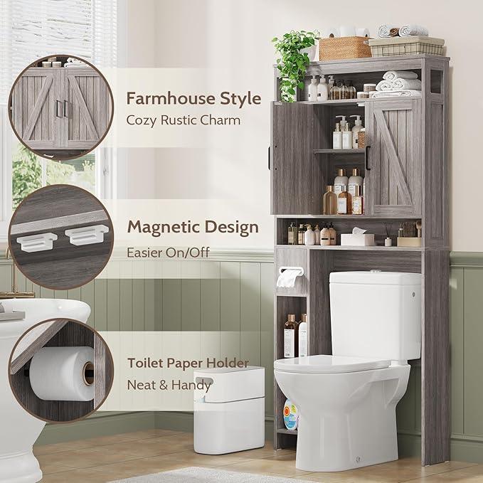 Over The Toilet Storage Cabinet with 2 Barn Doors & Built-in Toilet Paper Holder, Farmhouse Space-Saving Organizer for Bathrooms and Laundry Room, Grey - ModernBath