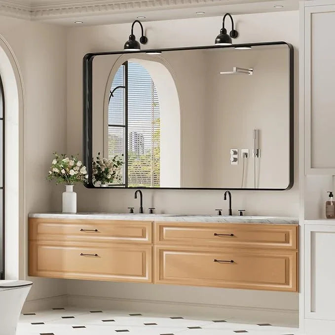 Koonmi Black Wall Mirror for Bathroom, 36x60 Inch Matte Deep Framed Rounded Rectangle Vanity Mirror for Farmhouse Living Room, Tempered Glass, Anti-Rust, Vertically or Horizontally - ModernBath