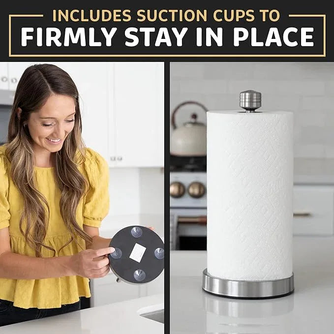 Dear Household Stainless Steel Paper Towel Holder Easy One-Handed Operation - This Sturdy Weighted Paper Towel Dispenser Countertop Model Has Suction Cups and Holds All Paper Towel Rolls - Silver - ModernBath