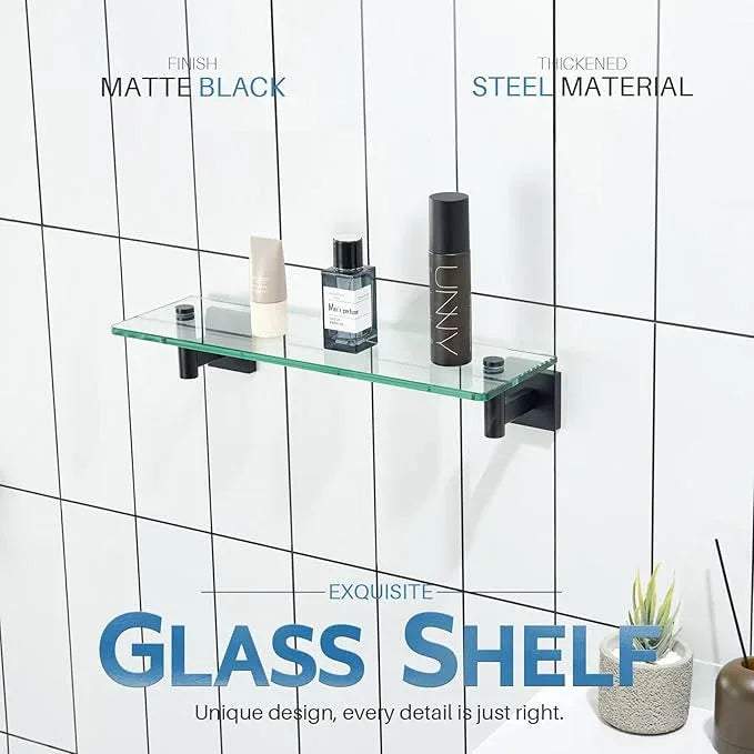 KOKOSIRI Bathroom Shelves Glass Floating Shelf 16-Inch for Bedroom Living Room Kitchen Hanging Rack Rustproof Wall Mounted Black 2 Pack B1105BK-L16-P2 - ModernBath